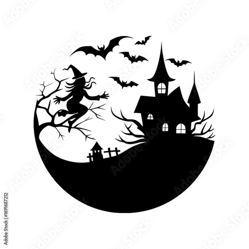 Silhouette of a witch flying on a broomstick with bats and haunted house for halloween night theme