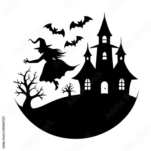 Silhouette of a witch flying near a spooky castle with bats on a halloween night landscape scene