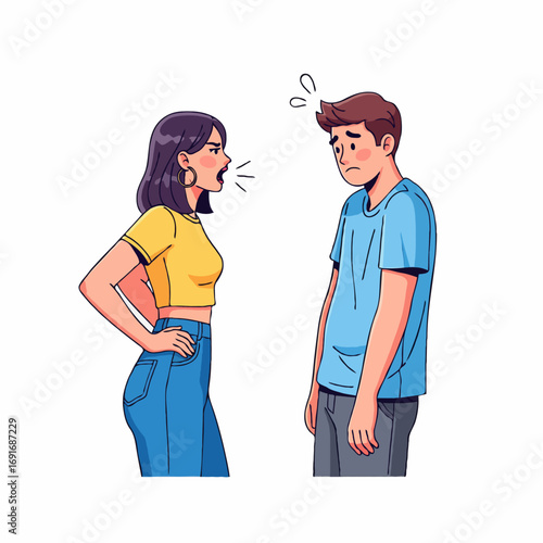 Vector illustration of a couple arguing, with girlfriend scolding her boyfriend. Shows relationship conflict, emotions, tension, and communication problems in a romantic partnership