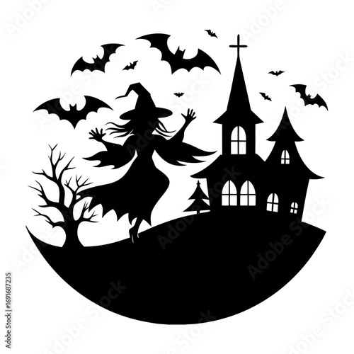 Silhouette of a witch with bats flying around a haunted house on a hill in a circular frame