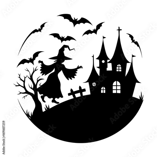 Silhouette of a witch near a haunted house with bats flying around in a circular halloween scene