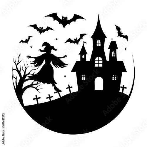 Silhouette of a witch flying over a graveyard with bats and a haunted house in a circular composition
