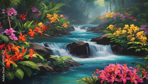 Lush Tropical River with Waterfalls and Vibrant Flowers, Beautiful Landscape Painting Style
