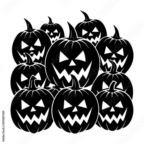 A group of ten black halloween pumpkins with carved faces and stems in a clustered arrangement design theme