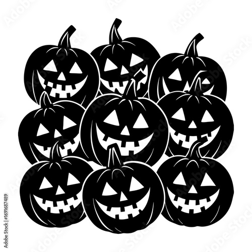 A group of nine black jack o lanterns with triangular eyes and toothy grins for halloween decoration