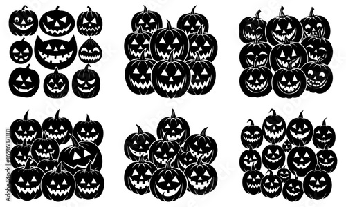 Collection of halloween pumpkins with various carved faces arranged in six different groups design vector