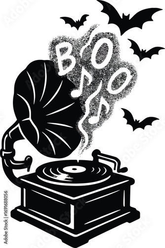 Black Silhouette Of Vintage Gramophone With Bats And Boo Text halloween retro