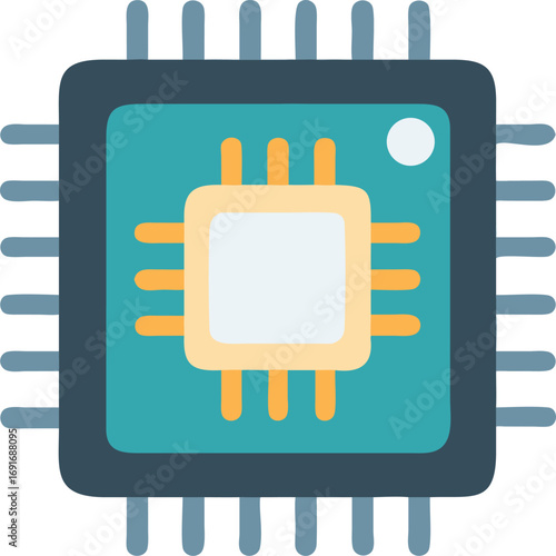 Icon of a computer processor set against a plain white background, representing digital technology.