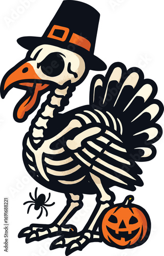Cartoon skeleton turkey wearing a pilgrim hat with a spider and pumpkin with grunge texture Keywords: turkey, skeleton, halloween, pilgrim hat, spider, pumpkin, jack o lantern, autumn, fall, bird