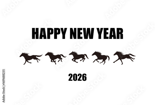 2026年午年　走る馬の連続ポーズシルエット年賀状　黒