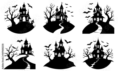 Silhouetted spooky haunted houses with bats and bare trees in halloween themed vector illustrations set