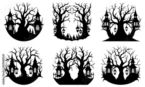 Collection of spooky trees with haunted houses and lanterns in silhouette for halloween decoration idea
