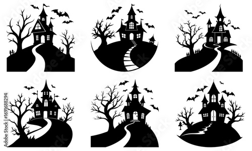 Silhouette illustrations of spooky haunted houses with bats and bare trees on hills and winding paths