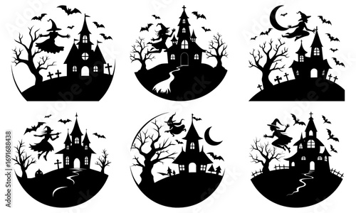 Collection of halloween themed oval designs featuring haunted houses witches and bats in black silhouette