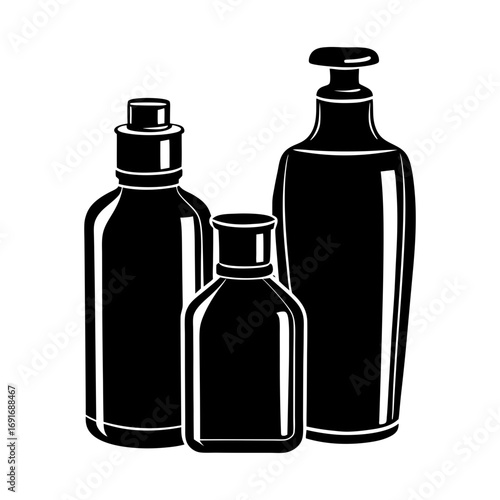 Illustration of three different shaped black bottles with various caps and dispensing mechanisms shown