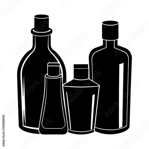 Monochrome illustration of four assorted bottles with different shapes and sizes in a row format style