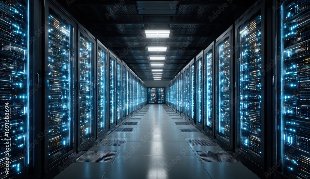 Fototapeta premium Server room hallway lit by blue light