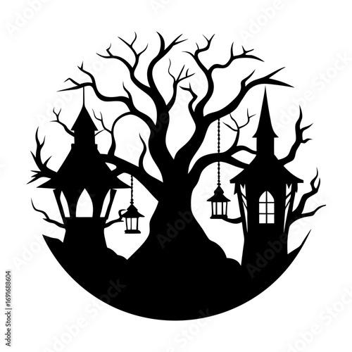 Silhouette of a spooky tree with bare branches and two haunted towers with hanging lanterns in a circle