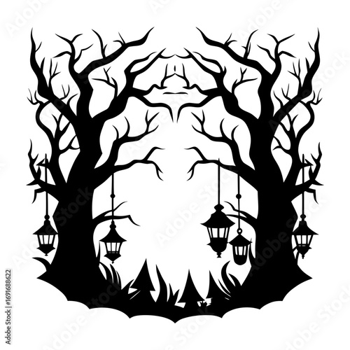 Silhouette of two trees with hanging lanterns and foliage in a symmetrical arrangement design element