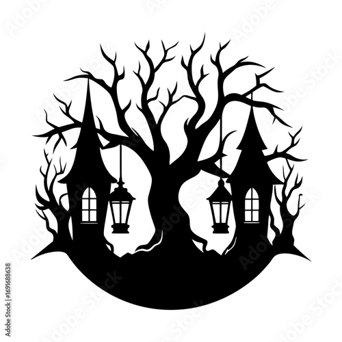Silhouette of spooky haunted house with bare tree and hanging lanterns in a circular composition design