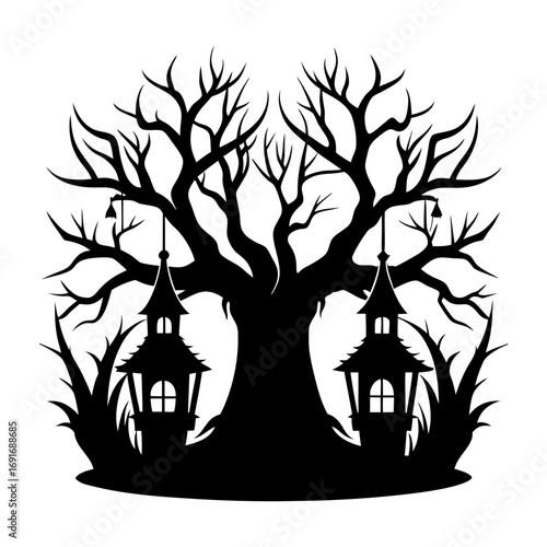Silhouette of a gnarled tree with hanging lanterns and grass in a spooky halloween night scene design