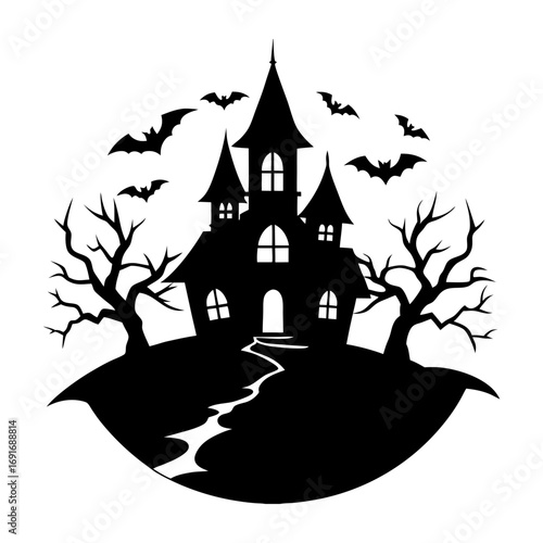 Silhouette of a spooky haunted house with bats flying around and bare trees on a hill in black and white