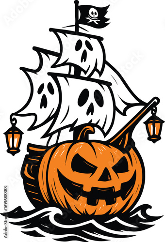 Halloween pirate ship with pumpkin hull and ghost sails Keywords: halloween, pirate ship, pumpkin, jack-o-lantern, ghost, sails, spooky, scary, creepy, horror, nautical, ocean, waves, water, dark