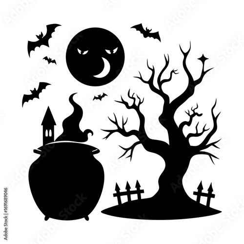 Silhouette of halloween night scene with cauldron, tree, moon, bats and fence in black and white color