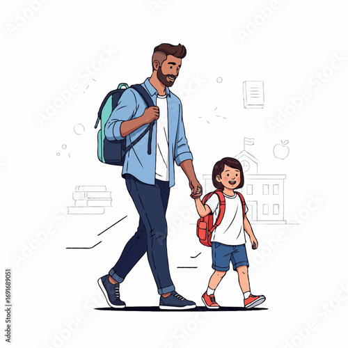 Vector illustration of a father accompanying his daughter to school, symbolizing family care, education, bonding, and daily routine moments