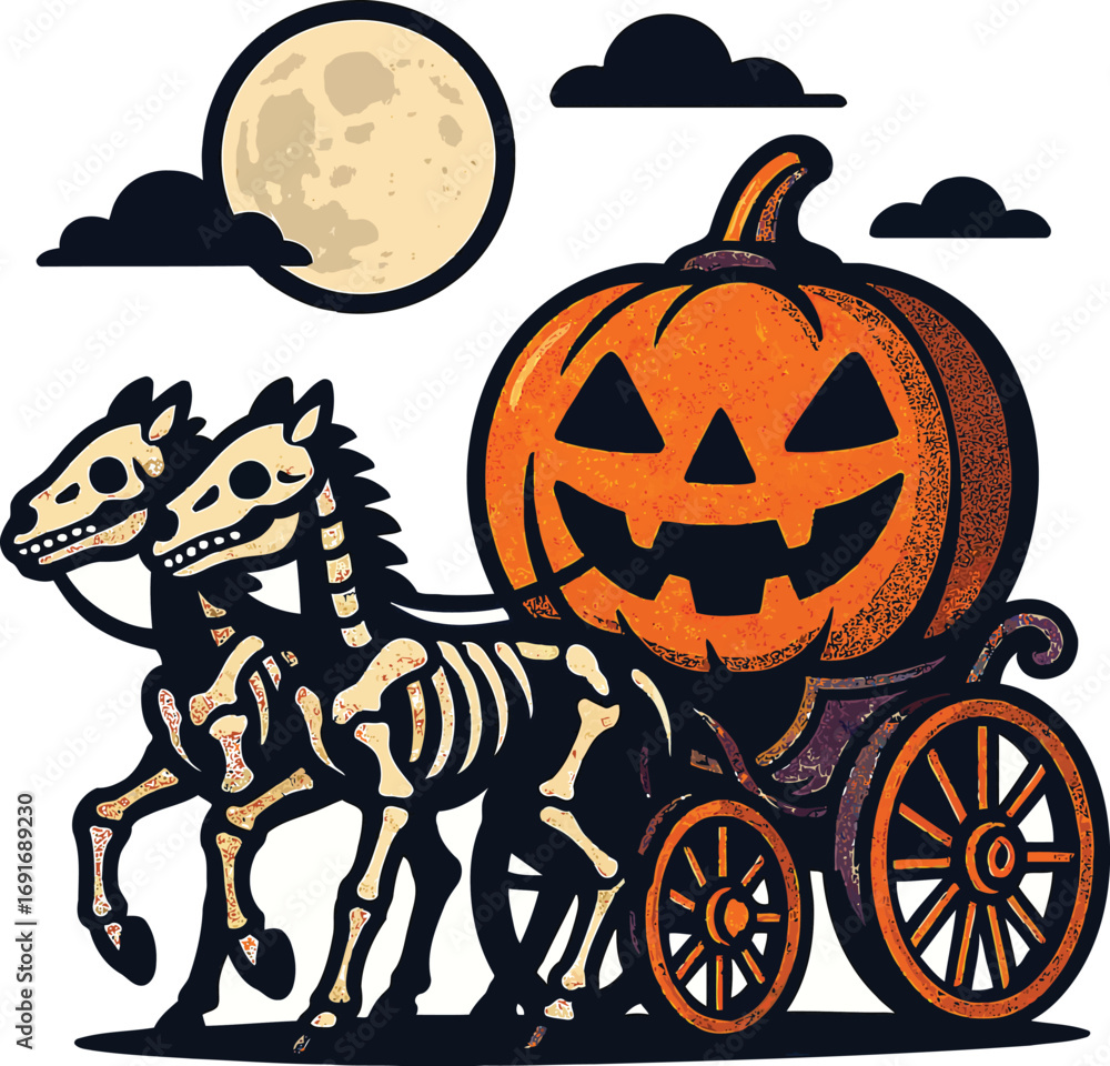 Fototapeta premium Halloween Pumpkin Carriage Pulled by Skeleton Horses Under a Full Moon vector illustration