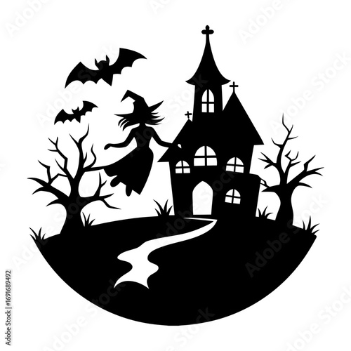 Silhouette of a witch flying near a haunted house with bats and bare trees in a circular composition