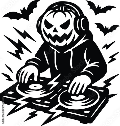 Pumpkin Head DJ with Headphones Playing Records with Bats and Lightning halloween music