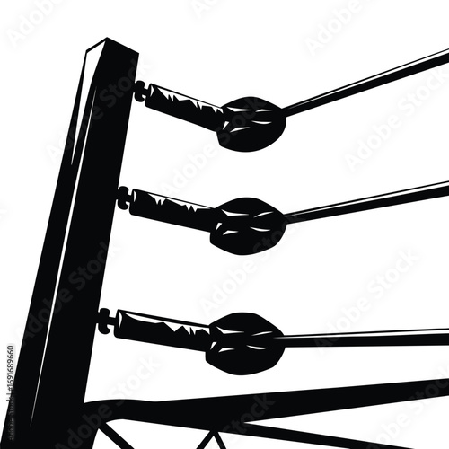 Black and white graphic illustration of a wrestling ring corner with post ropes and turnbuckles.