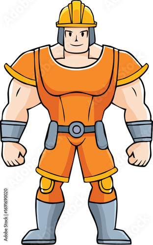 Cartoon illustration of a powerful construction worker superhero.