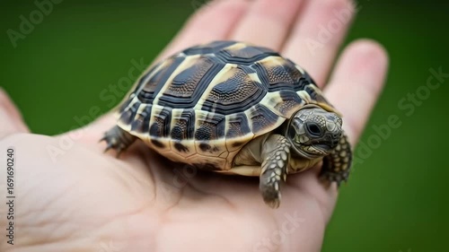 Image is a close-up photograph featuring a small tortoise resting on a human hand. The hand is positioned palm-up against a blurred green background, suggesting an outdoor setting. The tortoise has a 