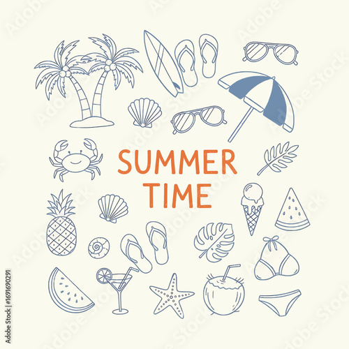 A fun, hand-drawn vector doodle collection featuring various summer and beach-themed elements around "SUMMER TIME" text.