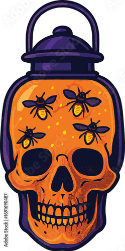Skull Shaped Lantern with Fireflies and Purple Frame halloween spooky