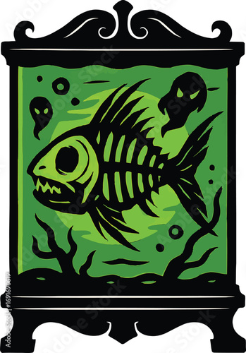 Spooky Fish Skeleton in a Jar with Ghosts and Bubbles bones