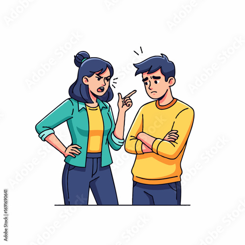Vector illustration of a couple arguing, with girlfriend scolding her boyfriend. Shows relationship conflict, emotions, tension, and communication problems in a romantic partnership