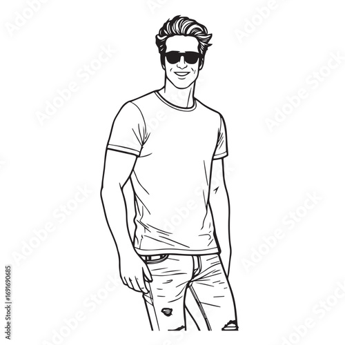 Handsome Man Black and White Illustration Vector Image Male Portrait Fashion Sketch Line Art Design	
