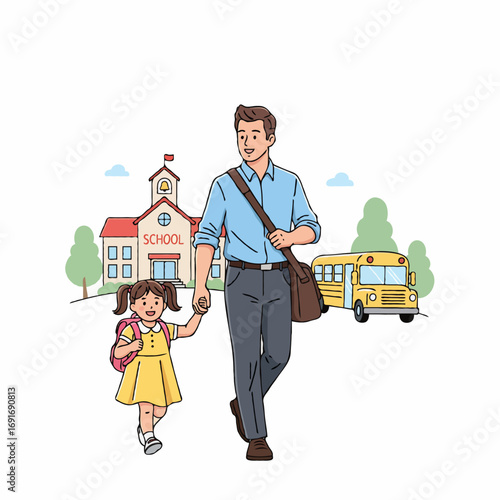 Vector illustration of a father accompanying his daughter to school, symbolizing family care, education, bonding, and daily routine moments