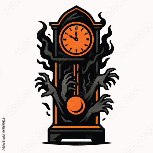 Spooky grandfather clock with spectral hands reaching out Keywords: halloween, grandfather clock, spooky, scary, creepy, horror, spectral, hands, ghost, reaching, out, dark, smoke, flames, orange
