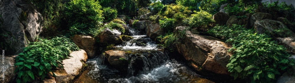 Naklejka premium Lush garden with a small waterfall cascading over rocks