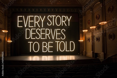 Inspirational neon sign reads every story deserves to be told in dimly lit room