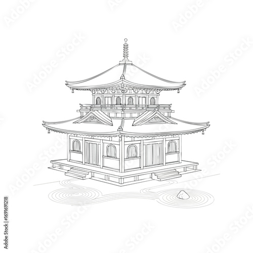 Detailed line art illustration of a traditional Japanese pagoda temple building.