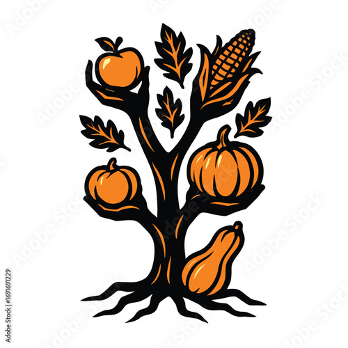 Stylized Tree of Harvest Fruits and Vegetables Illustration autumn fall