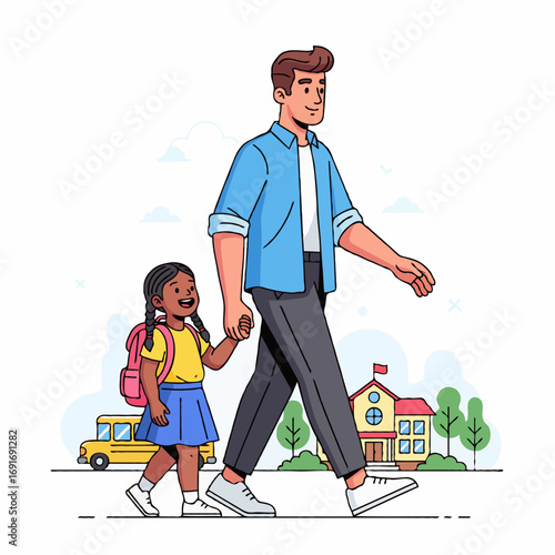 Vector illustration of a father accompanying his daughter to school, symbolizing family care, education, bonding, and daily routine moments