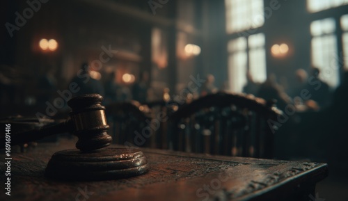 A gavel rests on a table in a dimly lit hall