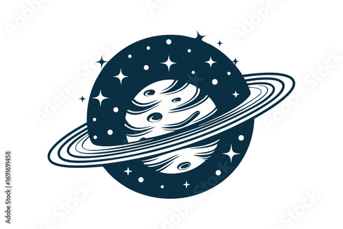 Stylized Planet with Rings and Stars on White Background