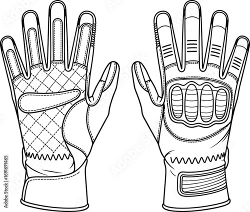 Black and white line art illustration of racing gloves with quilted palms and knuckle protection driving